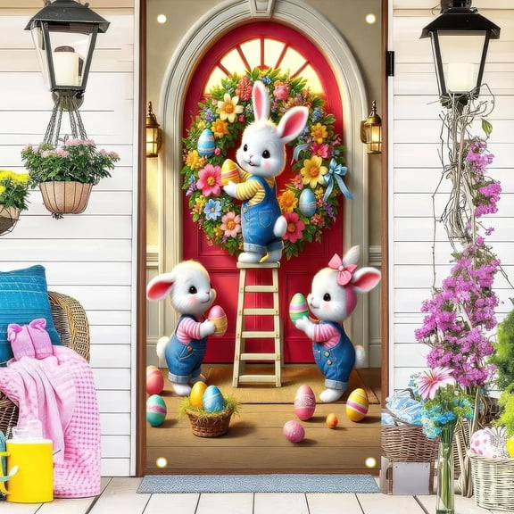Ywuzuh Easter Decorations Easter Door Cover Banner Clearance Happy Hanging Bunny Spring Porch Backdropfor Porch Door Entryway,Seasonal Party71x35 Inch