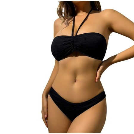 Oplxuo Women s High Waisted Bikini Sets Sexy Bandeau Halter Neck Swimsuits Tummy Control Cheeky 2 Piece Bathing Suits