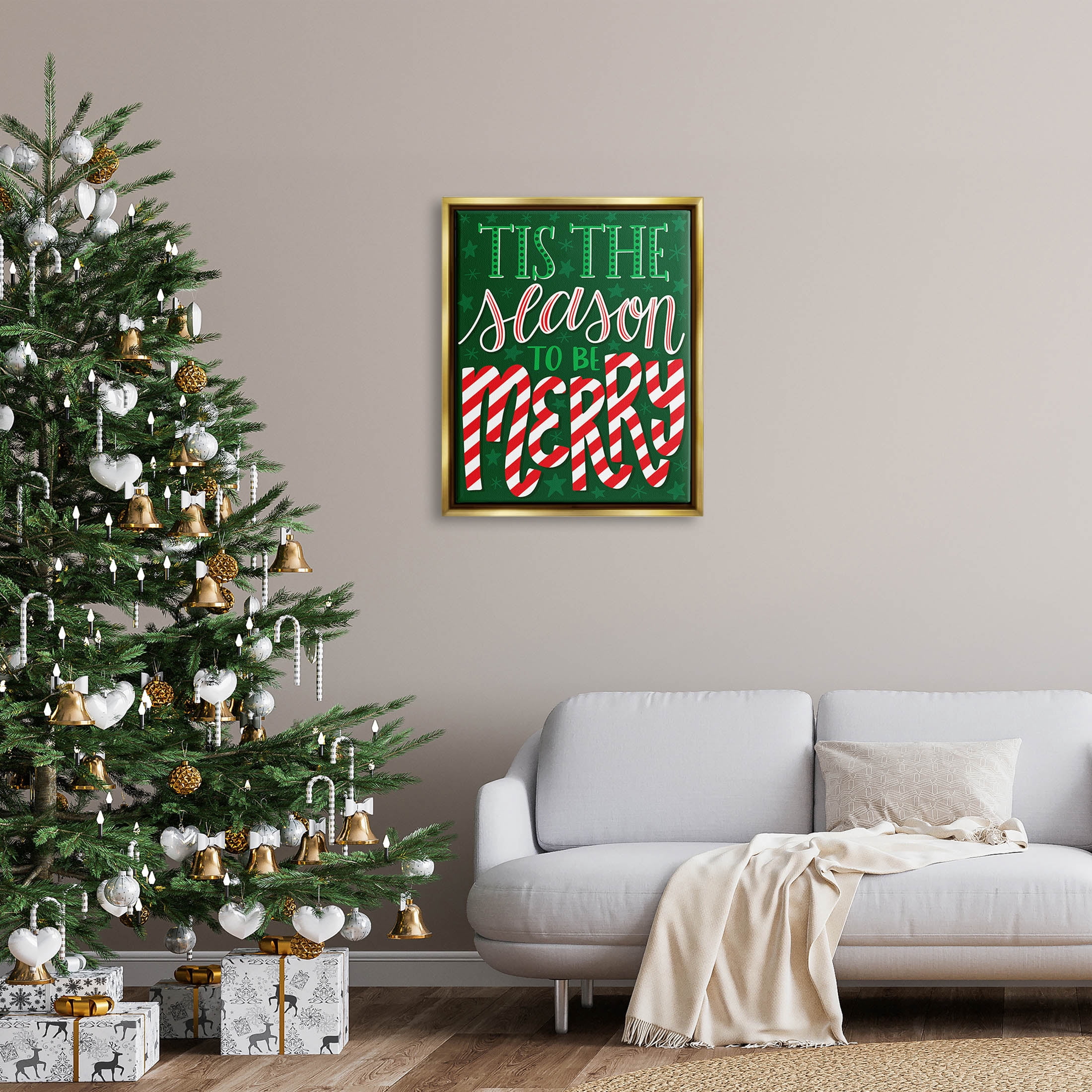 Tis The Season To Be Merry Patterned Holiday Graphic Art Metallic Gold Framed Art Print Wall Art