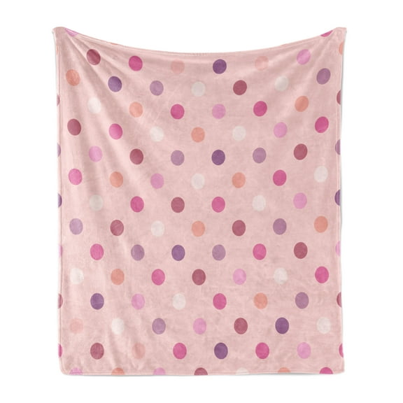 Pink and White Soft Flannel Fleece Blanket, Retro Pattern with Different Colored Polka Dots Country Style for Baby Girls, Cozy Plush for Indoor and Outdoor Use, 60" x 80", Multicolor, by Ambesonne