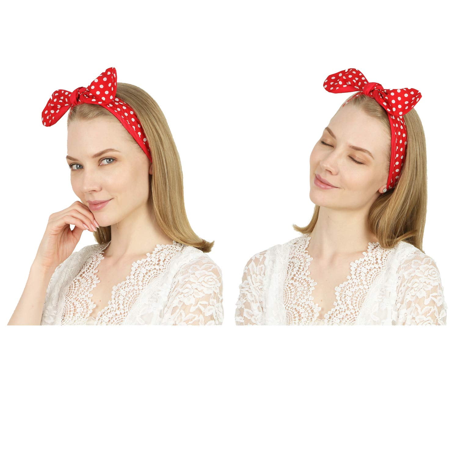 Cotton Headband Bows Red with White Polka Dots Double Wide Headwrap Head Band 
