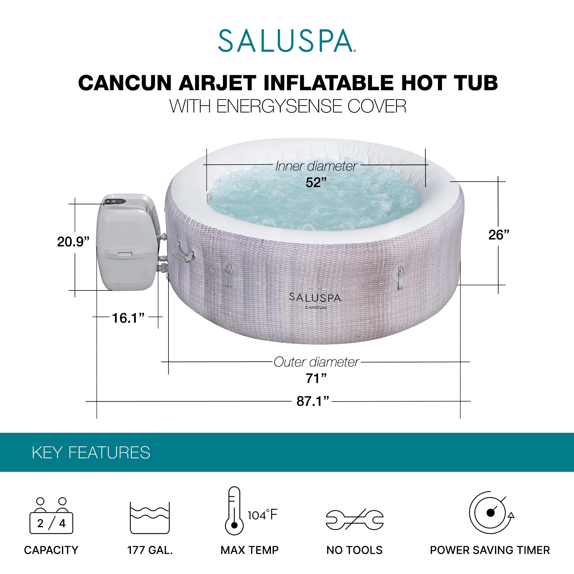 Bestway SaluSpa Cancun 2-4 Person Inflatable Hot Tub, Energy-Efficient Portable Spa