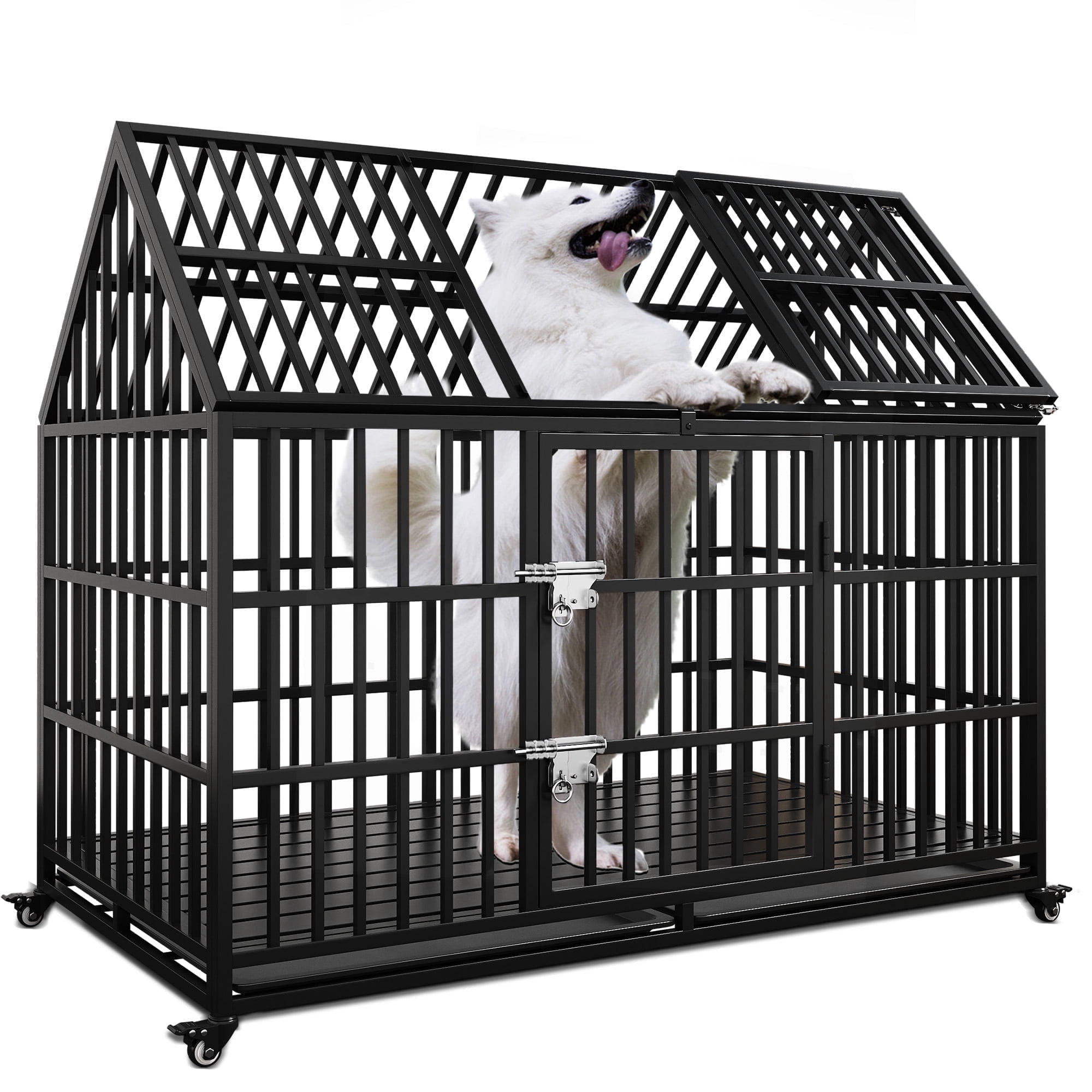 Heavy Duty Dog Crate 54 inch with Mat Indestructible Pet Dog Cage Crate Kennel with Roof Top 2 Doors Removable Trays, Lockable Wheels Escape-Proof for High Anxiety Large /Extra Large Dogs