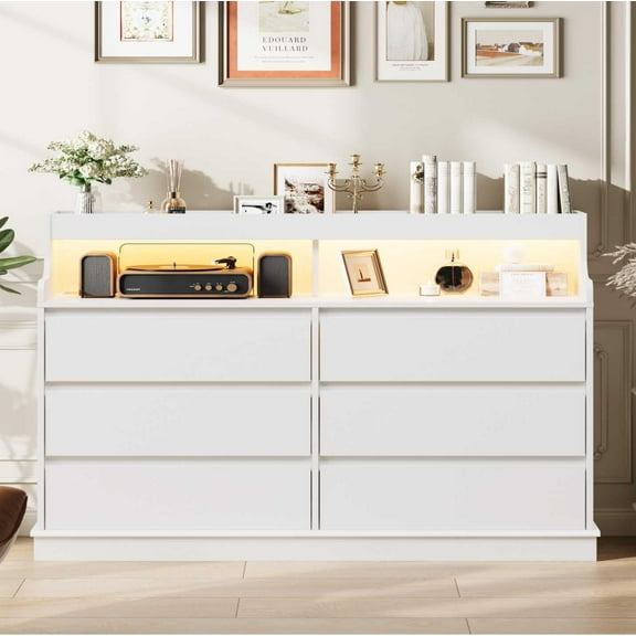 Modern 6-Drawer Bedroom Dresser with Built-In LED Lighting & Charging Station, Large Storage Chest for Living Room, Hallway or Closet,White
