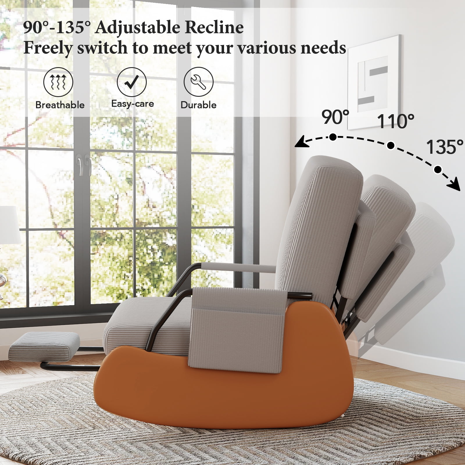Furniliving Rocking Chair, Upholstered Nursery Rocking Chair with Footrest and Adjustable Backrest, Glider Rocker Accent Chair for Living Room, Bedroom, Nursery, Gray