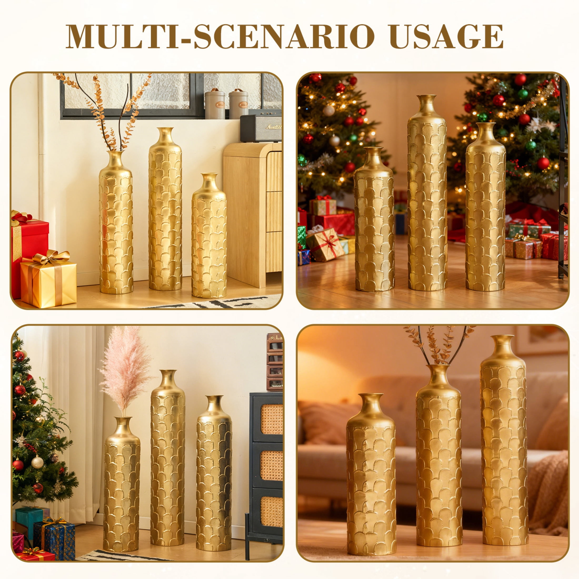 Noble House 25.2", 29.33", 34.25" Metal Floor Vase Set of 3, Geometric Textured Vases, Gold