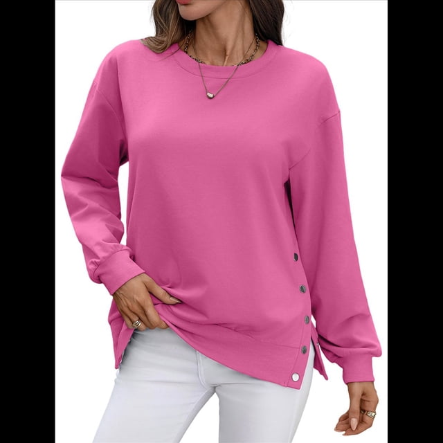 Sudadera Informal de Cuello Redondo para Mujer, Holgada, Suave y de Larga. Rosa Roja XL