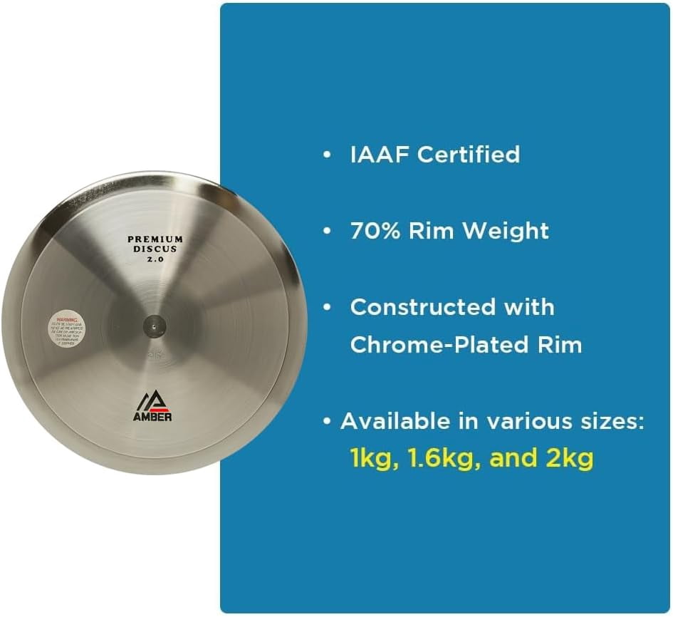 Amber Sporting Goods Premium Discus for Track & Field Training and Competition - 70% Rim Weight, Sturdy Chrome-Plated Design, Centerless Construction, Available in 1kg, 1.6kg, and 2kg
