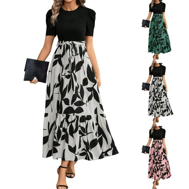 WRKEKC Robes d'Été Décontractées pour Femmes, Robes d'Été Grande Taille, Robe Tendance Décontractée à Col Rond et Manches Courtes Imprimée Taille Haute