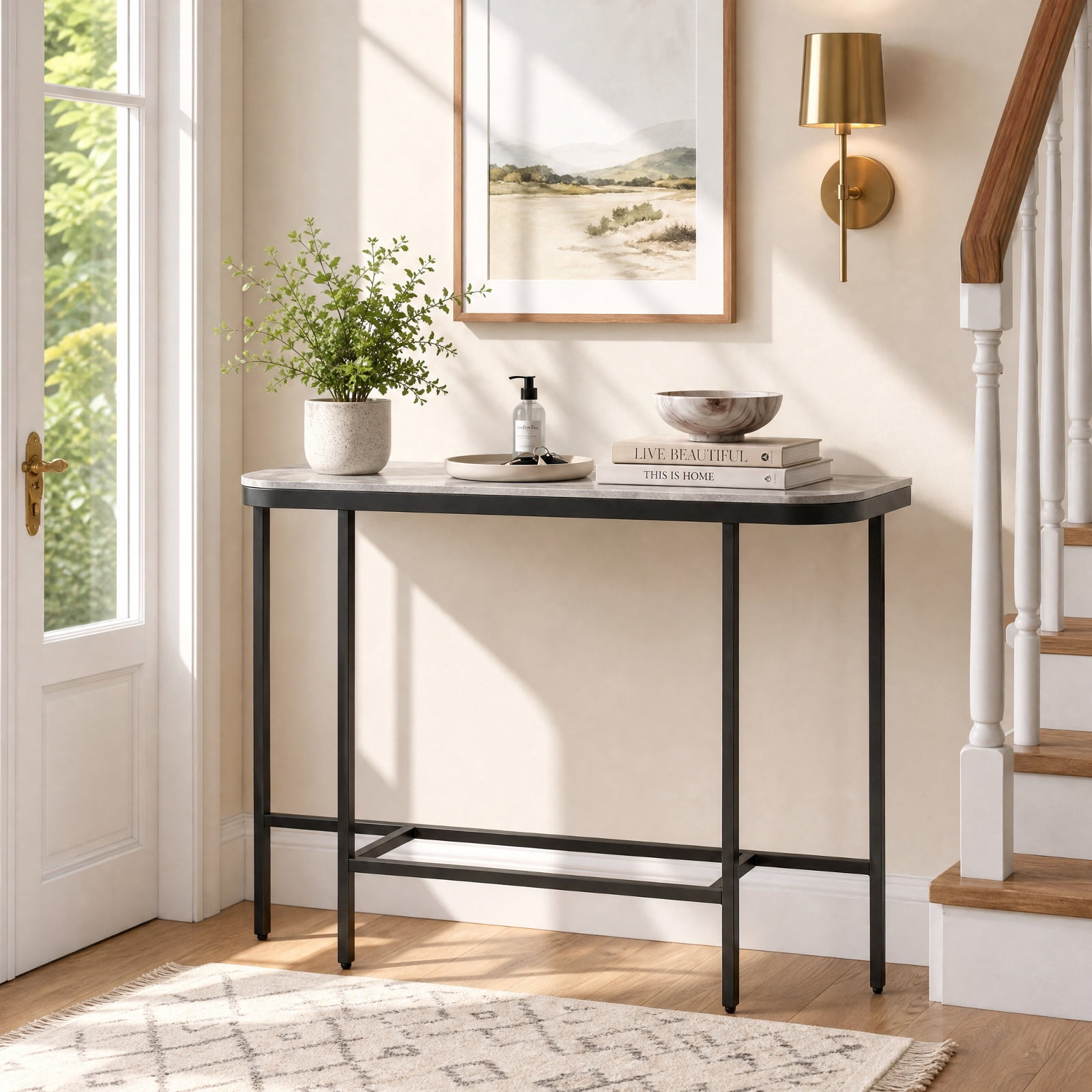 Furnibear 44 Inch Console Table Entryway Table with Faux Marble Tabletop and Heavy Duty Metal Frame for Living Room Hallway, Gray