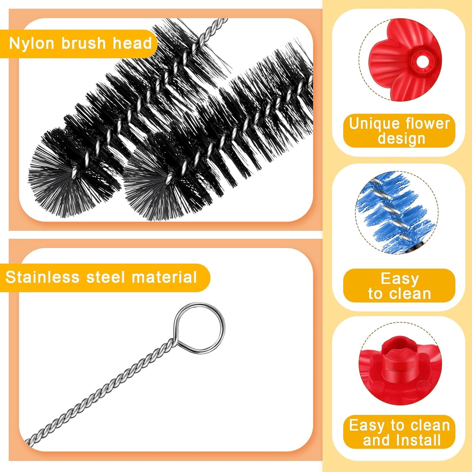 38 Pcs 3 Size Hummingbird Feeder Cleaning Brush Mini Nylon Tube Brush with 16 Flowers Bird Replacement Parts Double Headed Brushes for Bottle Feeding Holes Replacement (Black)
