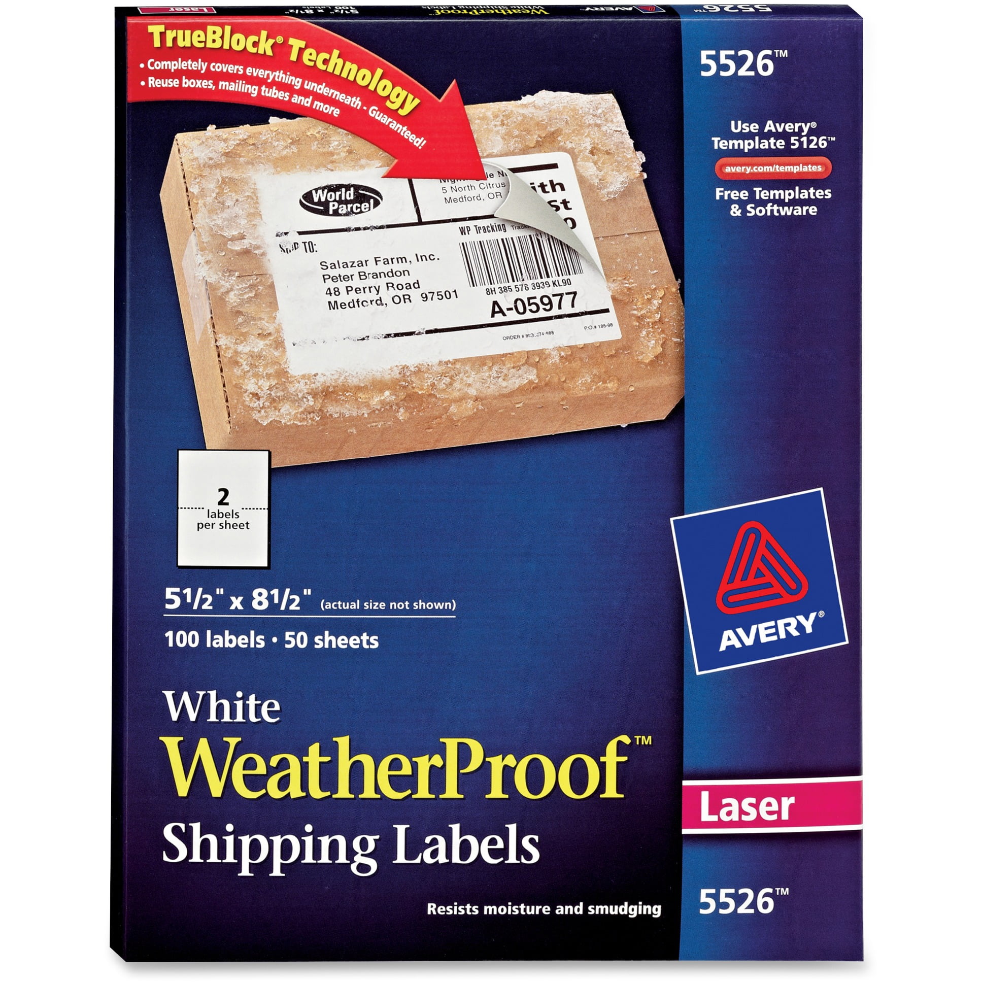 Avery WeatherProof Shipping Labels w/TrueBlock, Laser, White, 5 1/2 x 8
