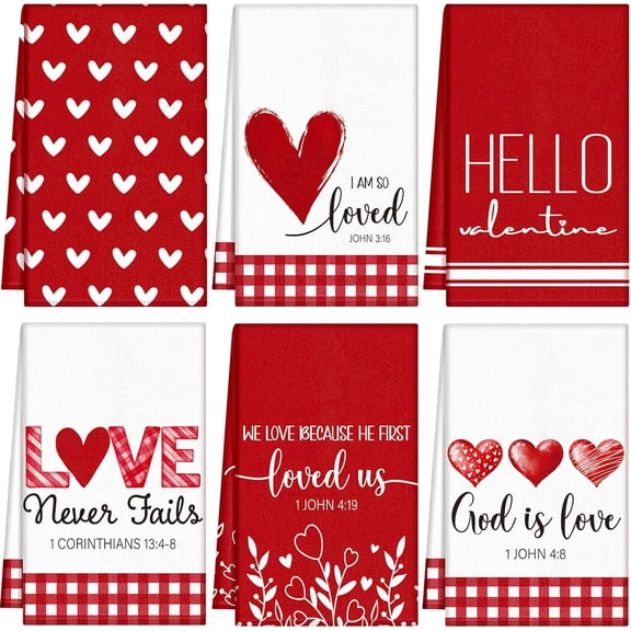 6 Set Christian Valentine''s Day Kitchen Towels Bible Verse Scripture Red Heart Valentines Dish Towels 18x26 Inch Sweet Love Bathroom Hand Drying Tea Dishcloth for Anniversary
