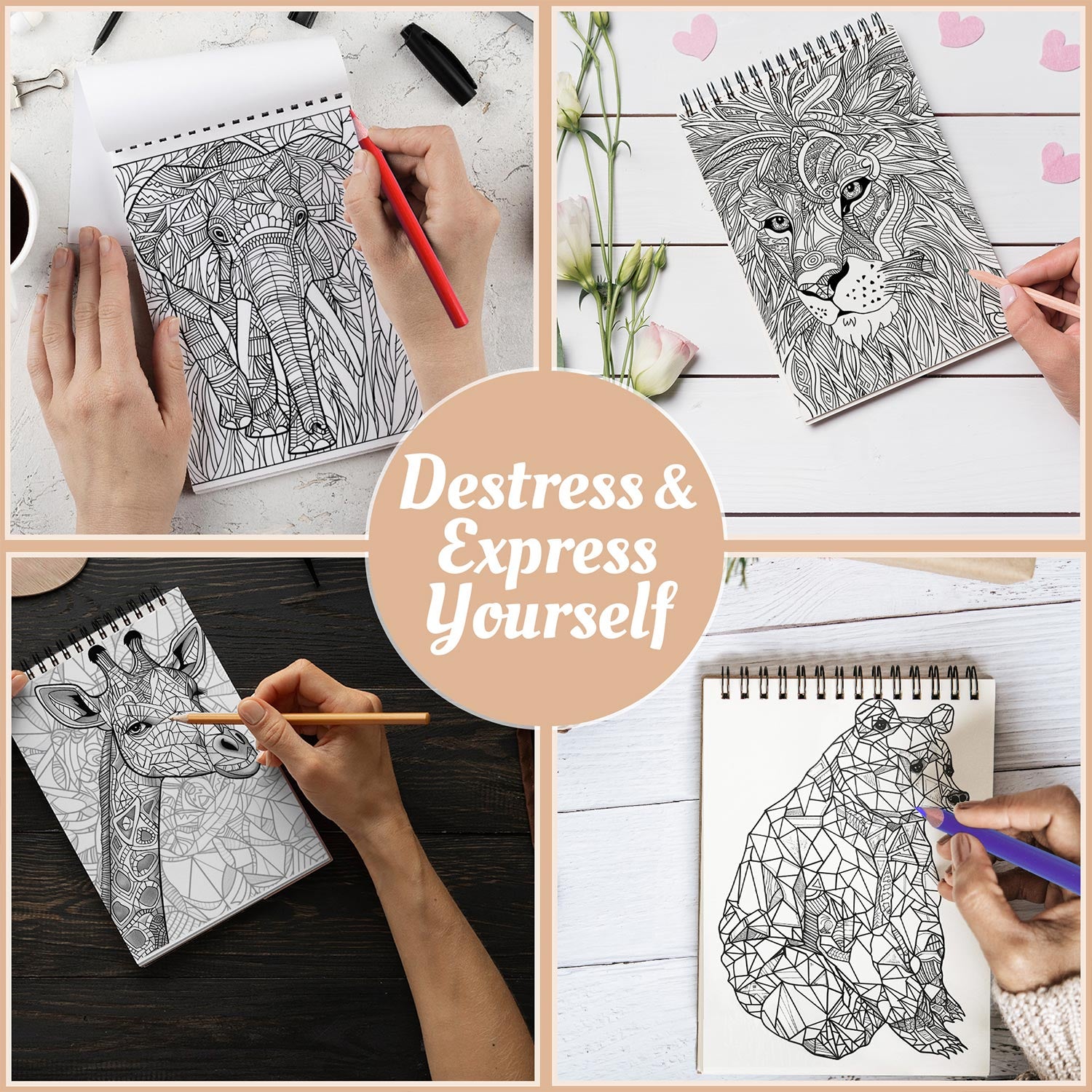 Netecom Mosaic Animals Coloring Book Spiral Bound for Adults, A5 Wooden Cover, 30 Intricate Mosaic Designs of Portrait Animals for Stress Relief and Relaxation