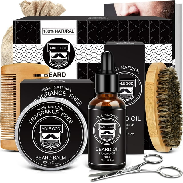 Kit de barba MALE GOD Gifts para hombre con aceite, bálsamo, peine, cepillo y tijeras