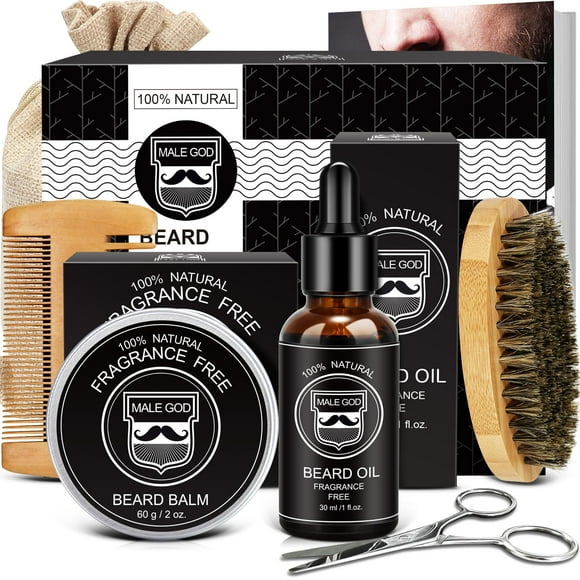 Kit de barba MALE GOD Gifts para hombre con aceite, bálsamo, peine, cepillo y tijeras