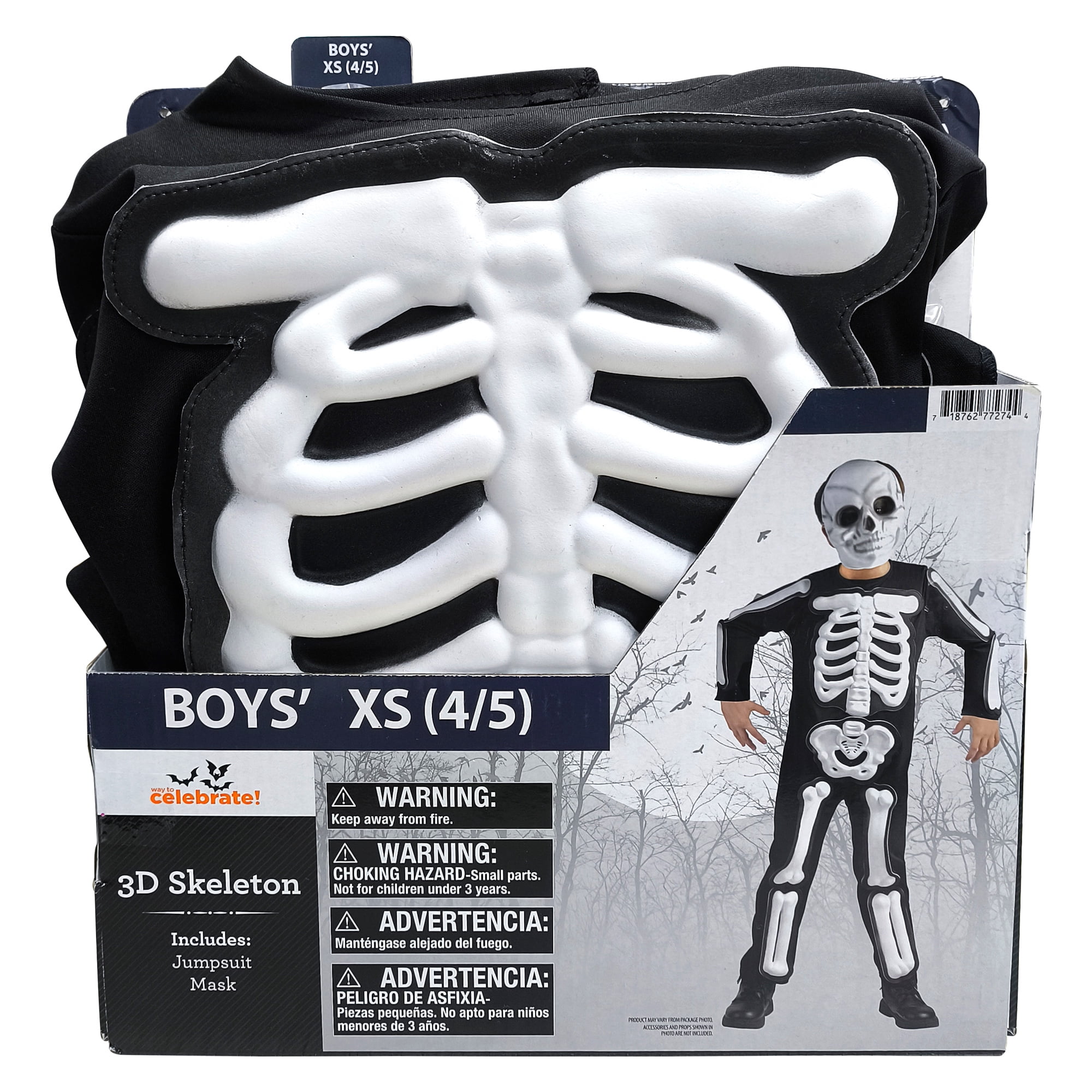 3D Skeleton Halloween Costume for Children, Boy's Size XS (4/5), by Way to Celebrate
