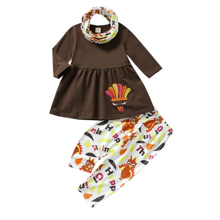 

Nokpsedcb 3PCS Toddler Infant Baby Girls Thanksgiving Clothes Set Turkey/Pumpkin Embroidery Long Sleeve O-neck Tops+Printed Trousers+Scarf White 3-4 Years