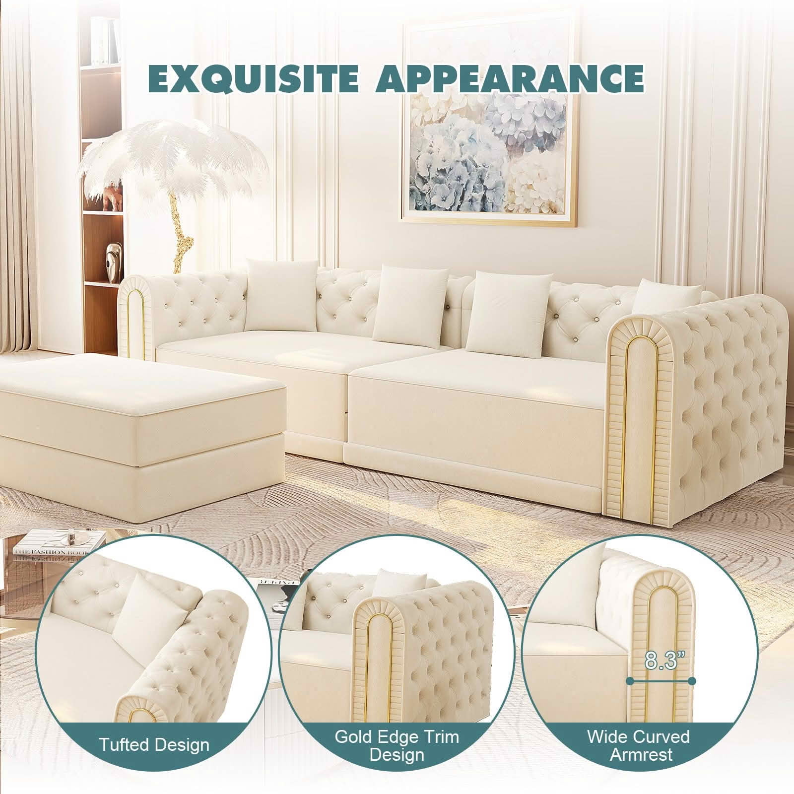 MAYEERTY 90.6" 3‑in‑1 Convertible Sleeper Sofa, Modern Velvet 3‑Seater Couch with Tufted & Gold Trim, Movable Ottoman, 4 Pillows Included