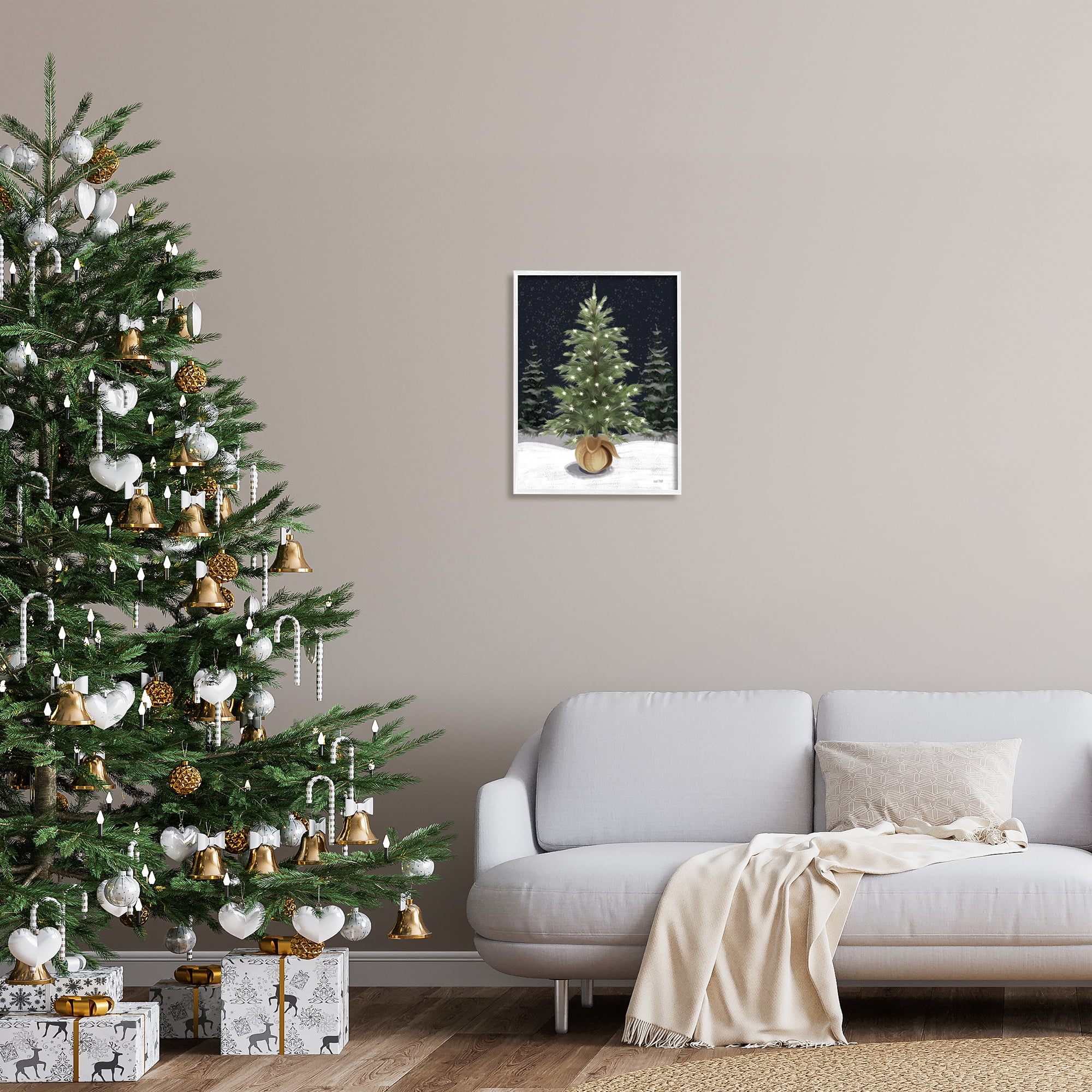 Stupell Industries Christmas Tree Snow Scene Holiday Painting White Framed Art Print Wall Art, 16 x 20