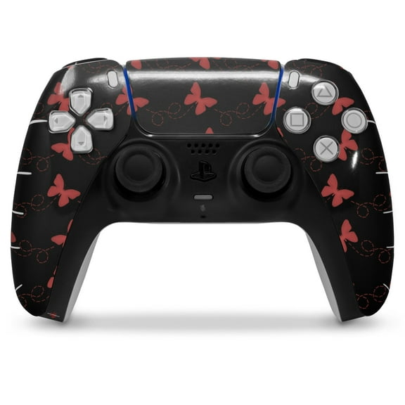 WraptorSkinz Skin Wrap compatible with the Sony PS5 DualSense Controller Pastel Butterflies Red on Black (CONTROLLER NOT INCLUDED)
