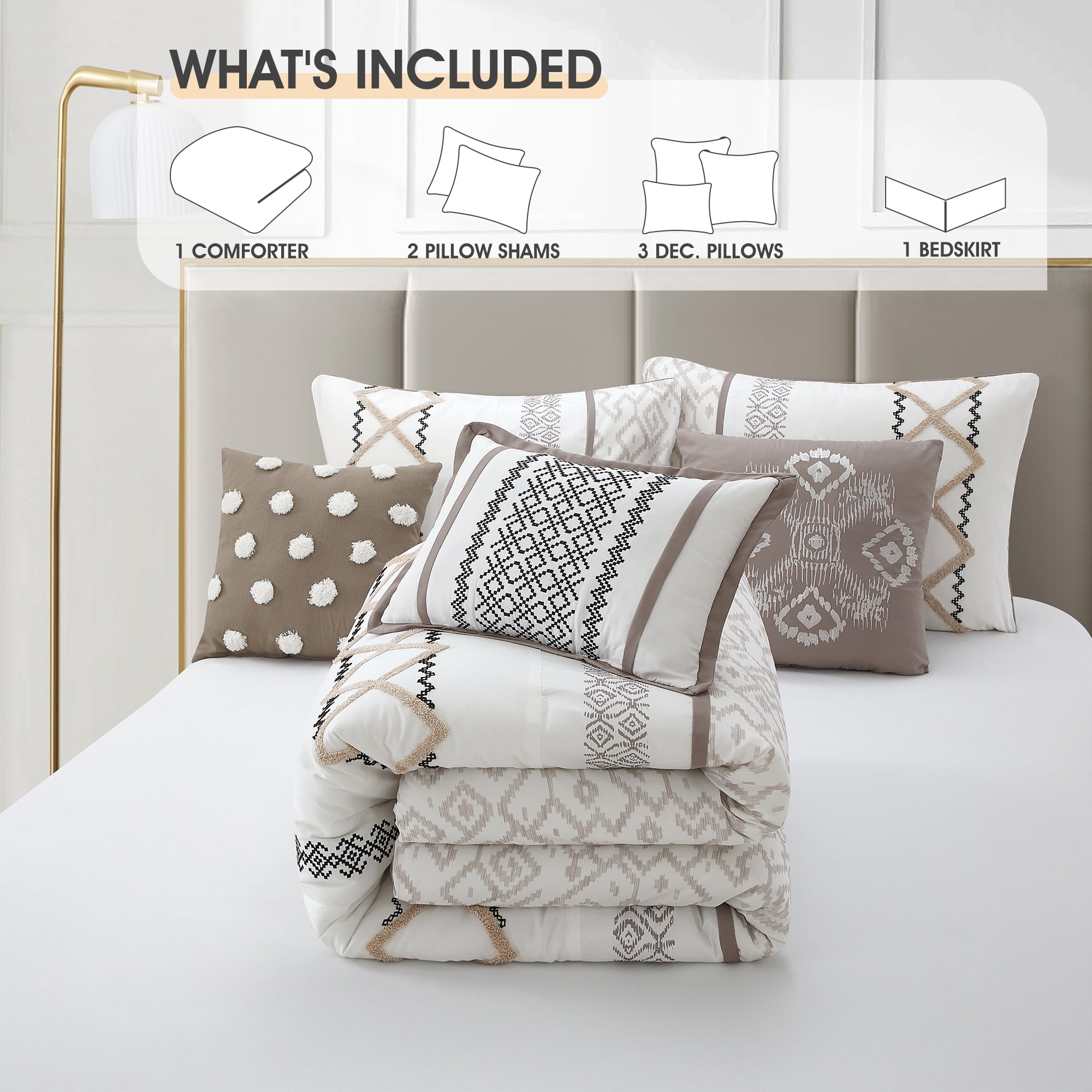 Lanco Luxury 7 Piece Cozy Boho Comforter Set Queen Beige Embroidered Girls Bedding, Premium Microfiber, All Season Home Décor
