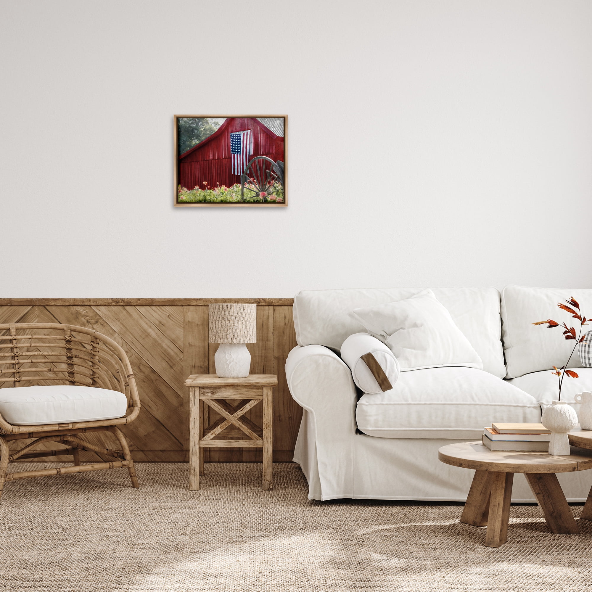 Stupell Industries Red Barn with American Flag Travel & Places Painting Brown Floater Framed Canvas Art Print Wall Art, 21 x 17