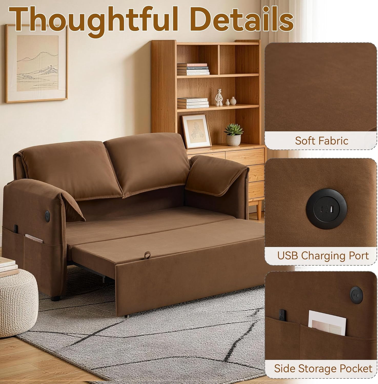 63" Velvet Pull Out Couch, 3-in-1 Convertible Sleeper Sofa Bed with Adjustable Backrest, USB Charging Ports, Side Pockets, Modern Loveseat for Living Room, Bedroom, Apartment, Brown