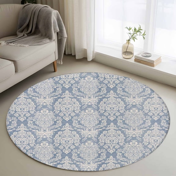 Blue Boho Round Area Rug 3 FT, Small Kitchen Bathroom Mats, Vintage Mexican Ethnic Floral Southwestern Washable Indoor Outdoor Throw Runner Carpet Non-Shedding Doormat for Table Shower Sofa Entryway