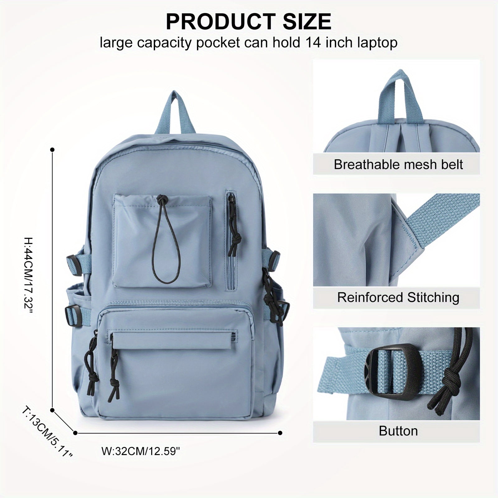 Sac à Dos Femme Grande Capacité Gris - Pour L'école Et Le Voyage - Nylon - Neuf Avec étiquettes