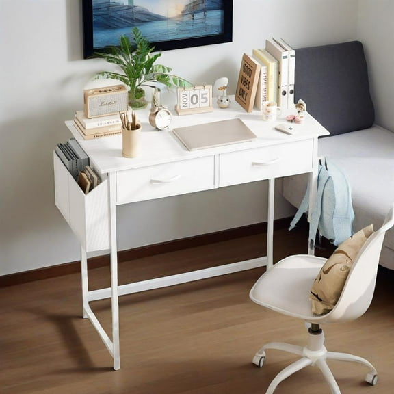 Small Desk with 2 Drawers 32 Inch Bedroom Kids Student Vanity Home Office Computer PC Table with Fabric Storage Bag, Study Writing Wood Deskboard for Small Spaces,White