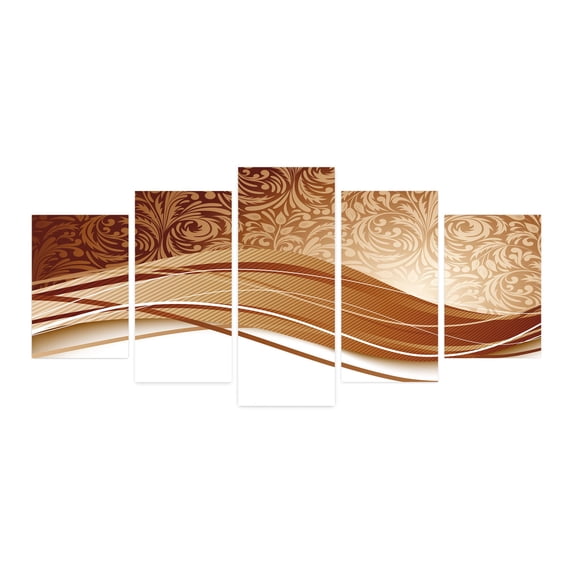 Chocolate 5 Panels Acrylic Glass Wall Art, Brown Toned Classical Medieval Foliage Motifs with Curved Stripes Pattern, Accent for Living Room, Bedroom, Dorm, 60" x 30", Pale Brown Beige, by Ambesonne