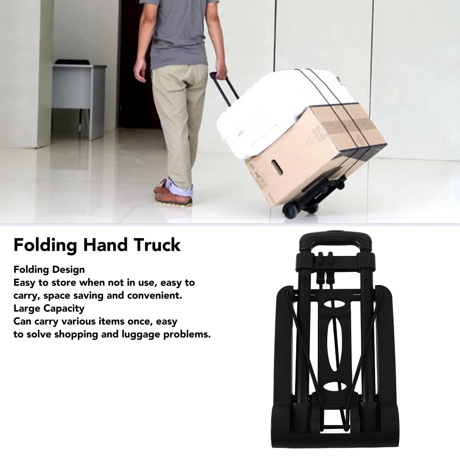 YAHHU Folding Hand Truck Retractable Tie Rod Multifunctional Large Capacity Portable Luggage Hand Cart for Travel Shopping Heavy Duty Cart with Durable Wheels - Black (17.32 inches / 44 cm)