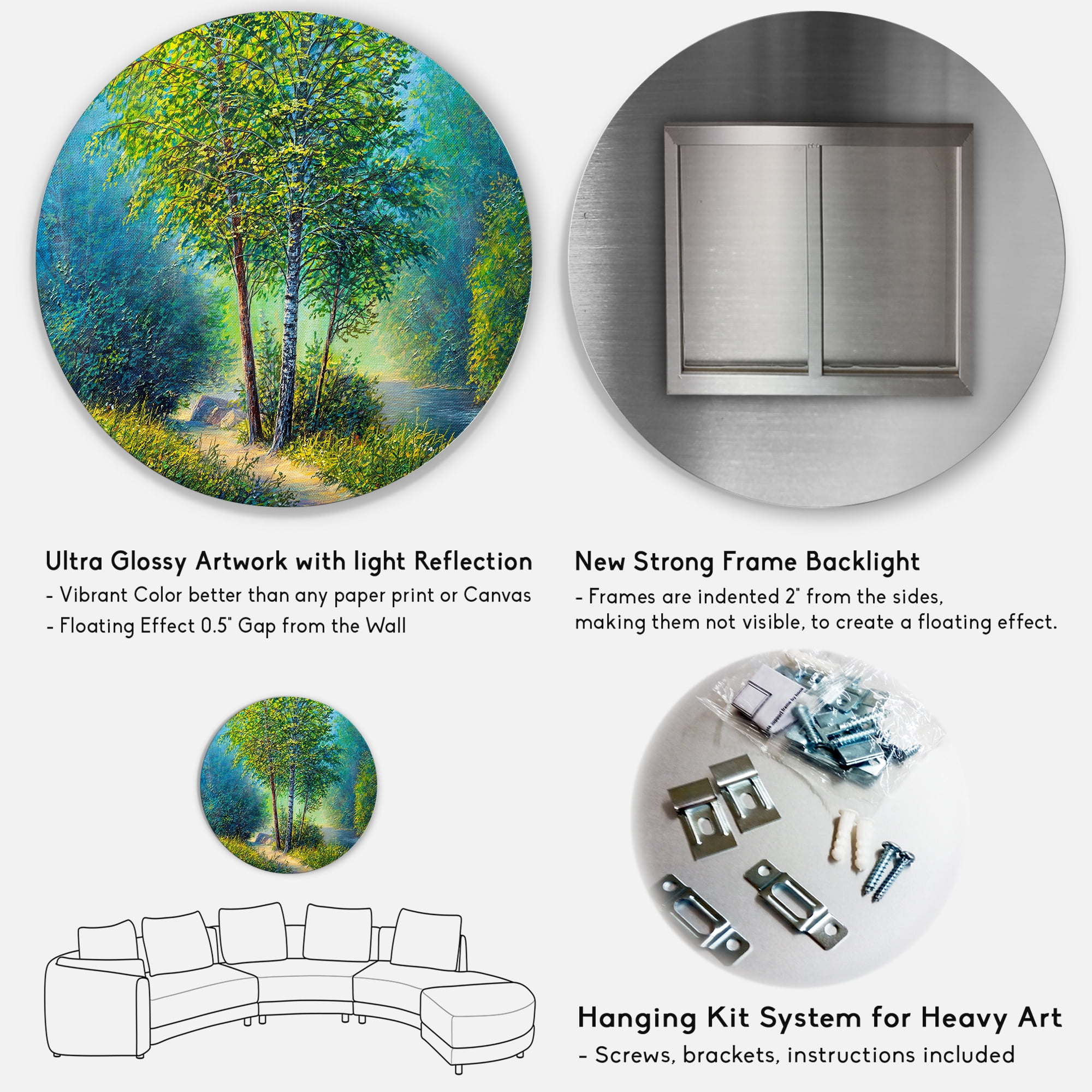 Designart 'Three Vibrant Green Trees By The River' Lake House Circle Metal Wall Art 36x36 - Disc of 36