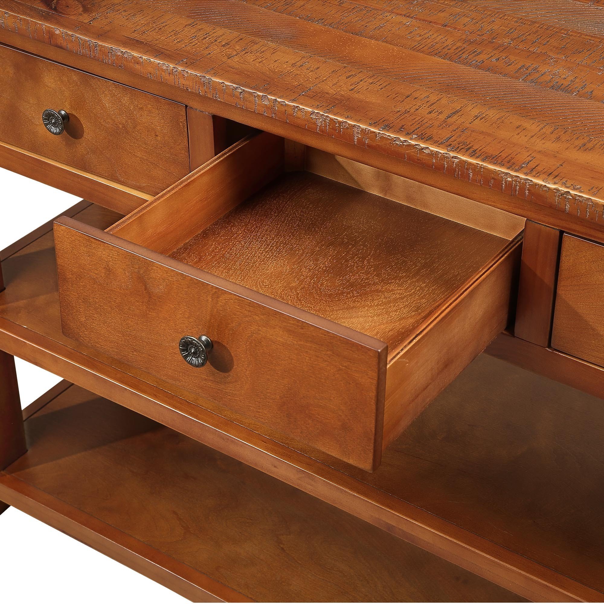 48" Solid Wood Console Table with Drawers and Shelves, Sofa Couch Entryway Table for Hallway, in Brown