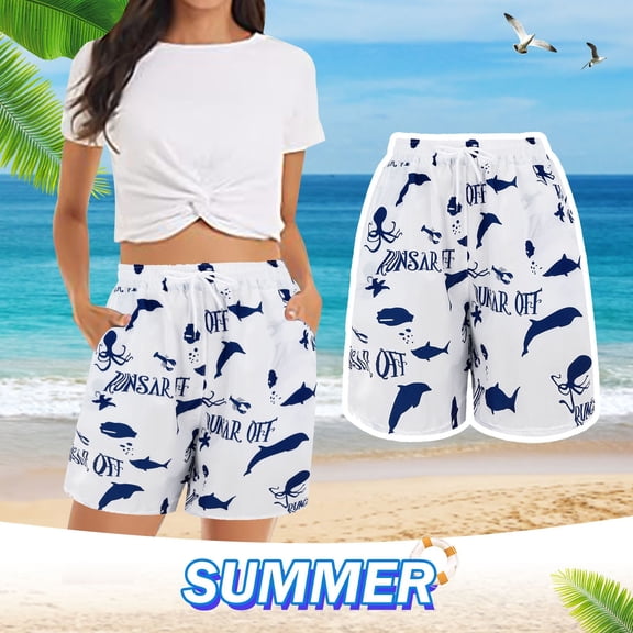 HAIJIE Women's Swim Shorts Relaxed Fit High Waist Casual Women's Shorts for Women Girls Pleated Beach Vacation Clothes Short