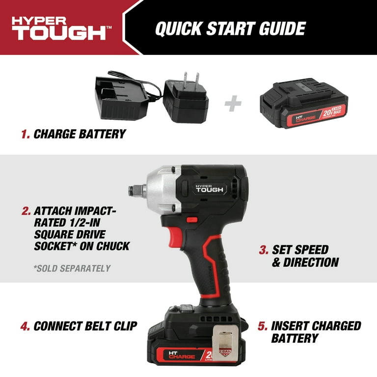 Hyper Tough 20V Max Compact Brushless 1 2 inch Impact Wrench with 2.0Ah Lithium Ion Battery and Charger 350 ft lbs Torque New Walmart
