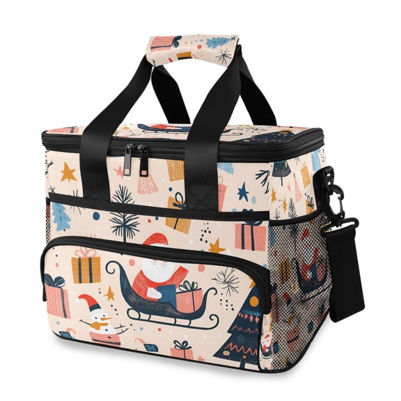 FORMRS Insulated Cooler Bag 24 Cans Capacity Soft Leakproof Lunch Box with Side Pockets, Beige Christmas Santa