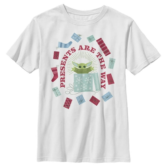 Boy's Star Wars: The Mandalorian Christmas The Child Presents Are The Way Graphic Tee White Small