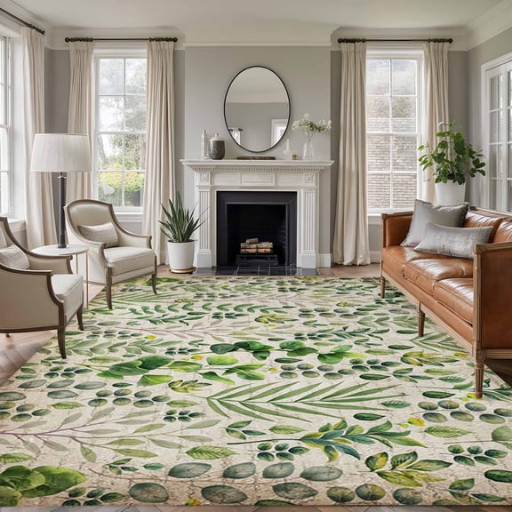 Area Rug for Living Room, Green Leaves Non-Slip Indoor Large Carpet for Bedroom/Dining Room, Elegant Pastoral Summer Botanical Vintage Washable Low-Profile Rectangle Floor Runner Rugs - 6 x 9 Ft