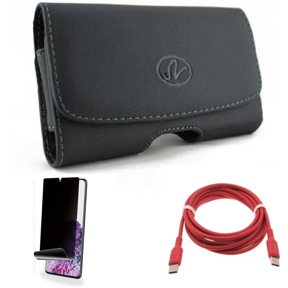 Case Belt Clip w Privacy Screen Protector w Red 6ft Long Cable for Samsung Galaxy S20 Plus - Leather Swivel Holster, TPU Film [NOT GLASS] [Fingerprint Works], USB-C to Type-C PD fits Galaxy S20 Plus