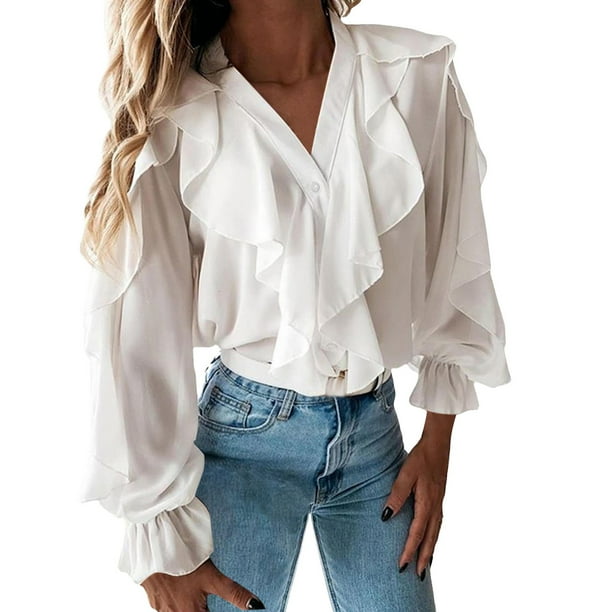 Blusa con volantes y cuello en V para mujer - Manga abullonada, gasa, camisa informal elegante, 95 % poliéster, tallas S-XXXL