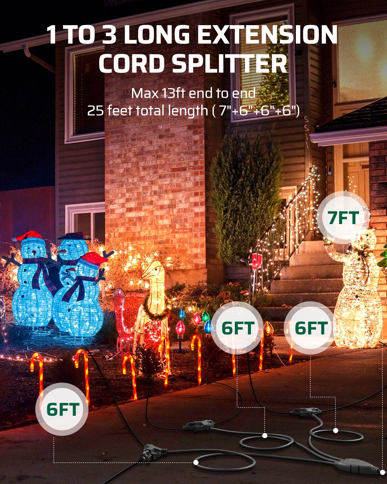 DEWENWILS 25FT (7+6+6+6) Outdoor Extension Cord for Outside with 6 Outlets, Extension Cord Outdoor for Halloween Christmas Landscape Lighting, 16 AWG SJTW