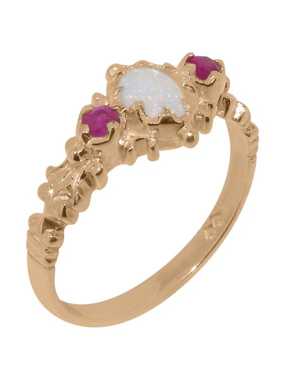 LBG British Made Stunning 9k Rose Gold Natural Opal & Ruby Womens Engagement Ring - 33 size options - Size 8.5