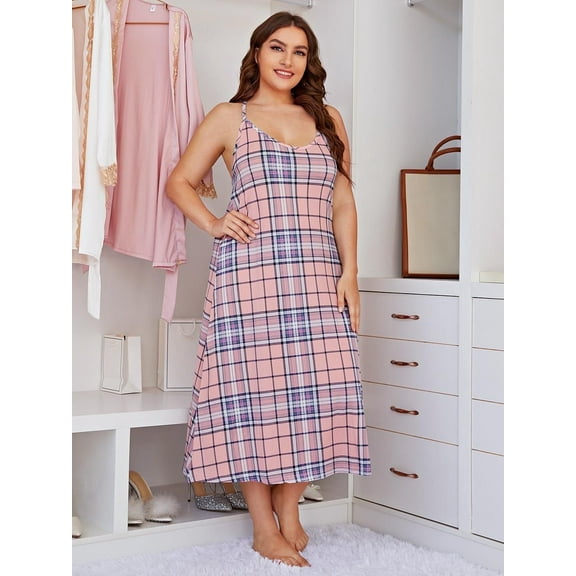 ebukurty Plus Size Nightgown for Women Sleeveless Pink Plaid Pajamas, Sizes 1XL-4X