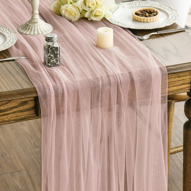 Dusty Rose Gauze Table Runner 120 Inch 10FT, Seasonal Sheer Chiffon Cheesecloth Kitchen Dining Holiday Birthday Table Decor for Home Party