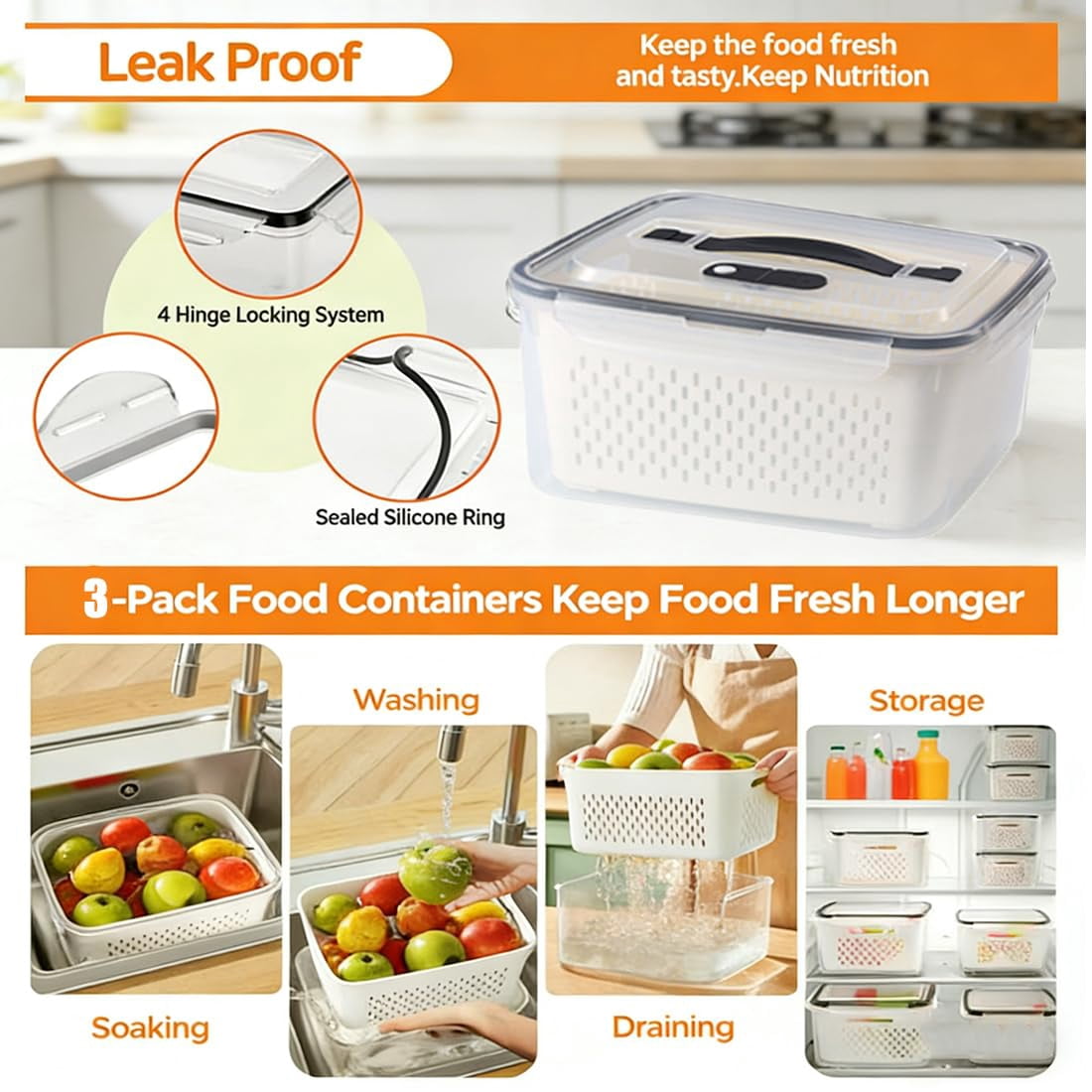 4 In 1 Food Storage Containers, Produce Storage Containers for Fridge, Fruit Storage Containers with Colander, Leakproof Fridge Organizer Bins for Salad Berry Vegetables Meat Keeper Fresh