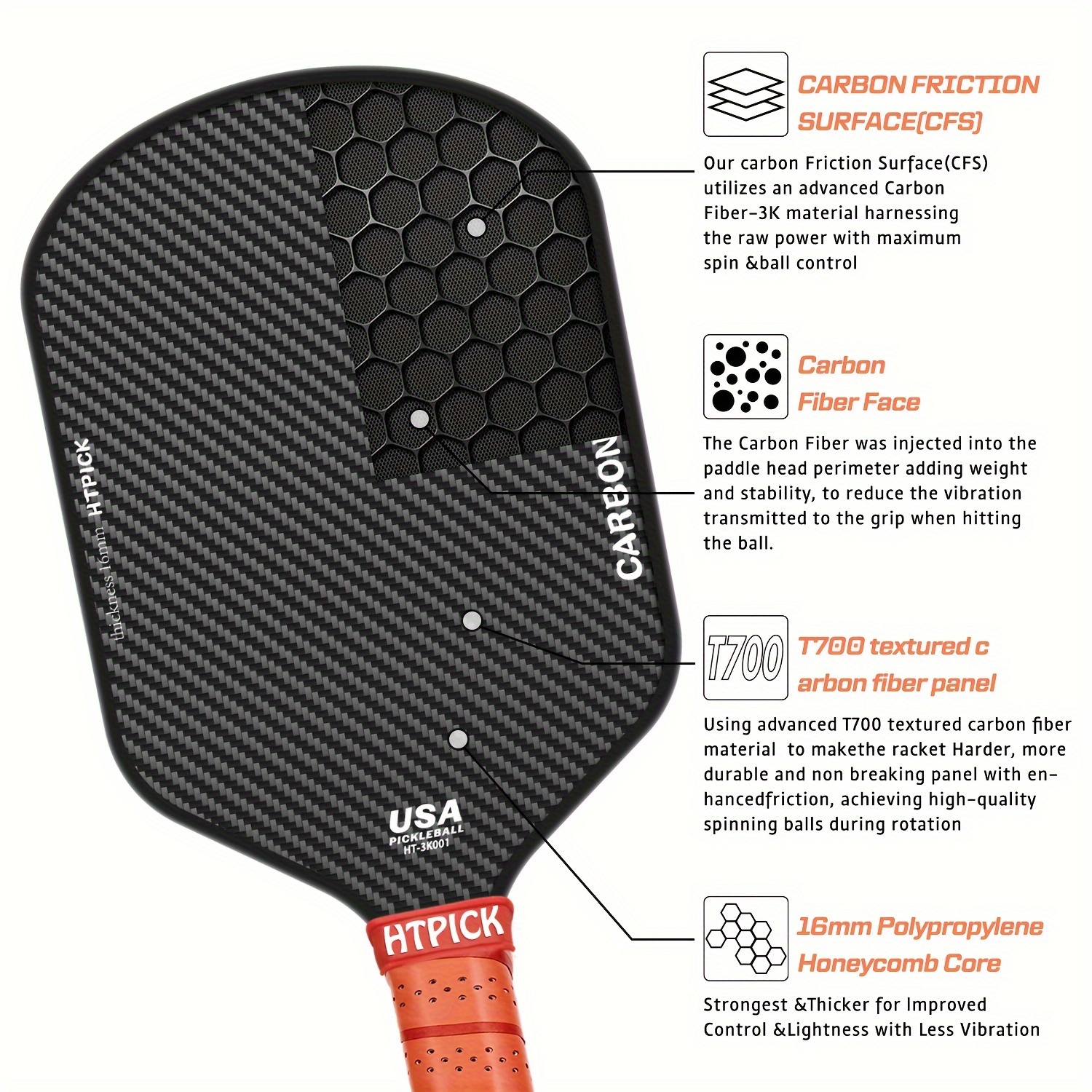 Pickleball Paddle, 3K Raw Carbon Fiber SurfaceHigh Grit & Spin, 16MM professional shooting, Ideal for Novice and Professional Players