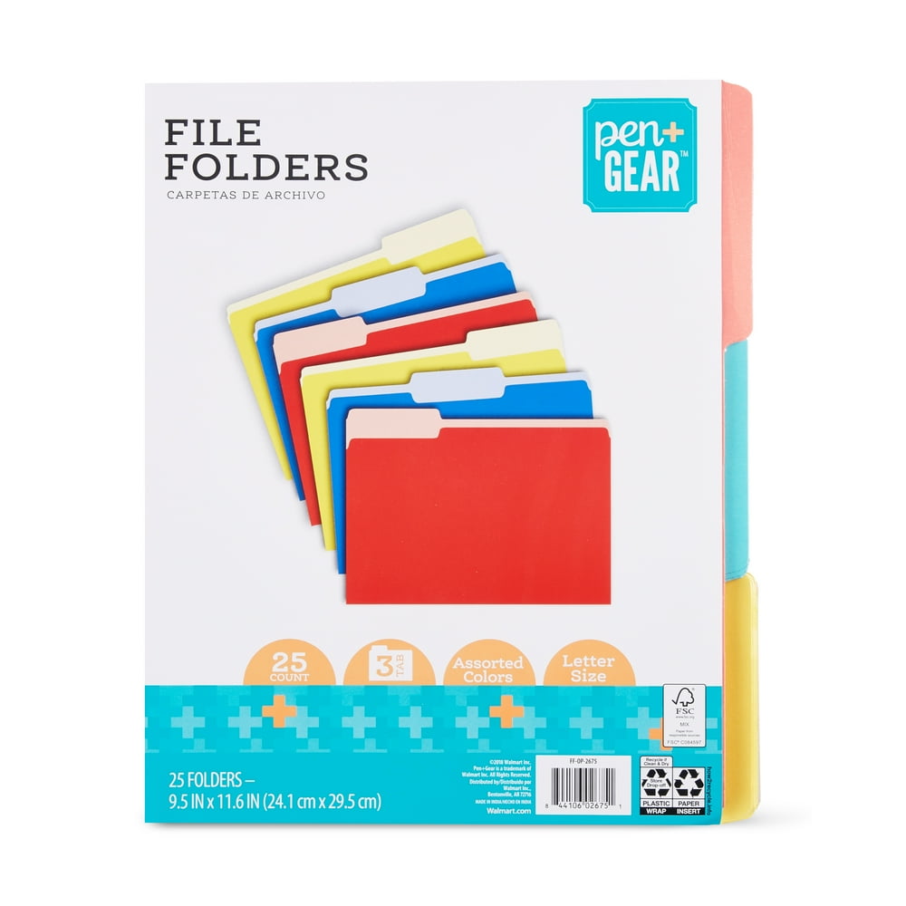 Pen + Gear File Folders, 25 Count, Assorted Colors, Letter Size, 3 Tab