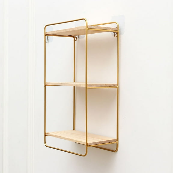FRCOLOR Golden Iron Wall Hanging Ornament with Three Layer Storage Rack for Bedroom Living Room Decoration
